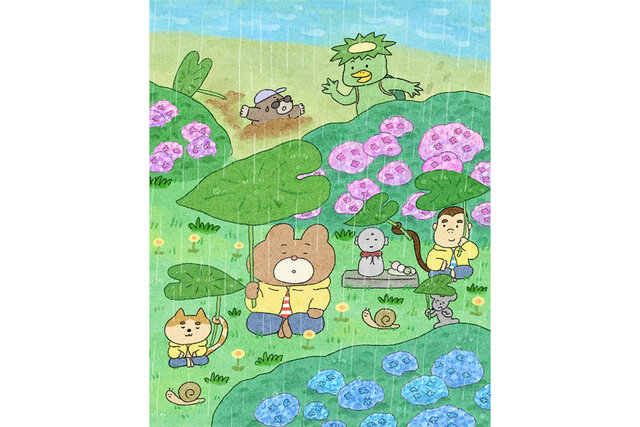 雨の森に『 カエルさんとくまさん』たちが大集合　３枚でつながるイラスト完成！