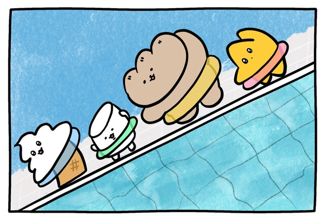 【夏のプールで大事件!?】みんなでプールへ！　ぎょうざいぬとはぐれっこたちの２コマ漫画