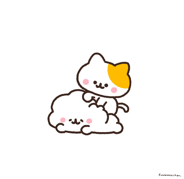ふわもこちゃんの上でふみふみ！　にゃんころもちさんとふわもこちゃんの癒やしイラスト♡