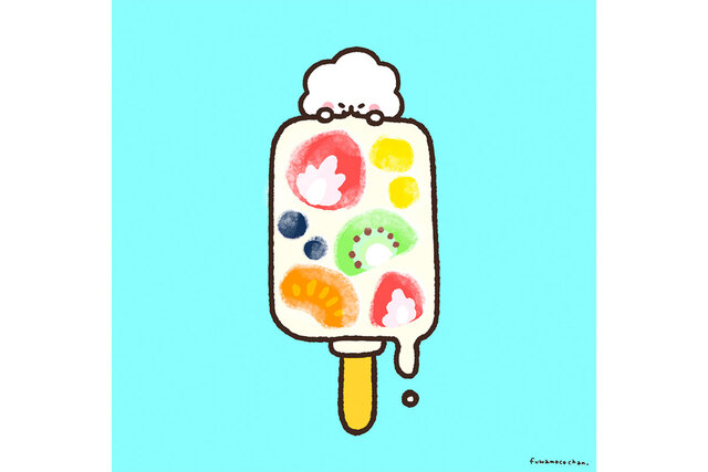 ふわもこちゃんが、フルーツいっぱいのアイスバーにちょこん♡　ふわもこちゃんの夏スイーツイラスト