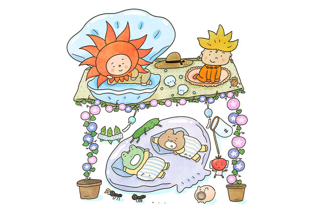 【そろそろぼくらの出番だ】夏のなかまたちが眠る、カエルさんとくまさんのイラスト