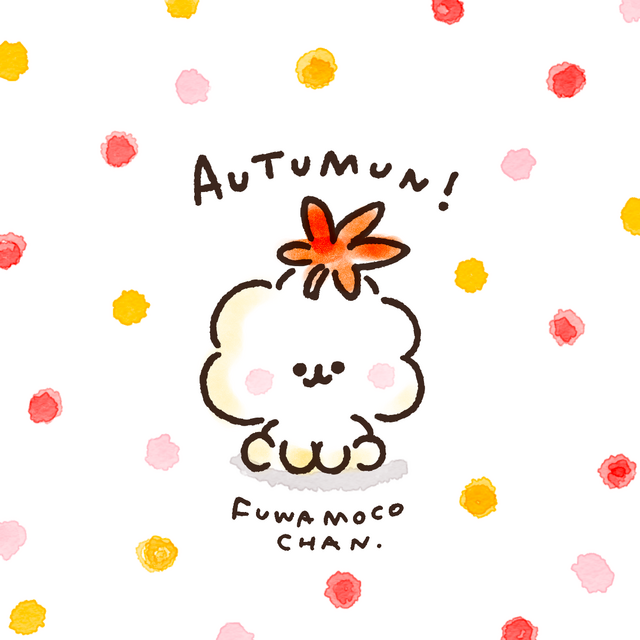秋を見つけたよ！　あたまにもみじがちょこん♡　ふわもこちゃんの秋イラスト