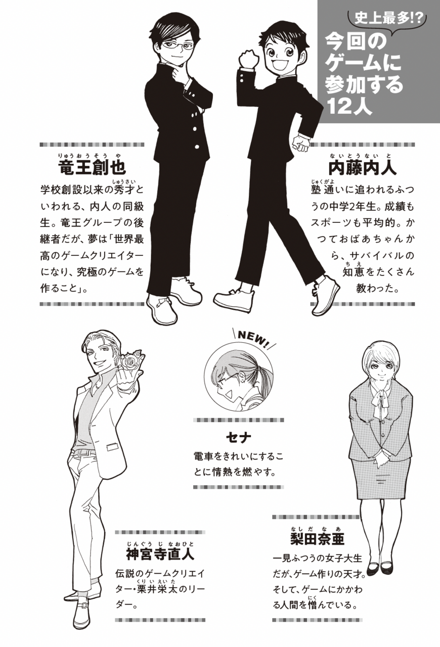 『都会のトム＆ソーヤ　２２　ナイト列車で行こう！』より、「今回のゲームに参加する12人」の紹介ページ　著：はやみねかおる、絵：にしけいこ