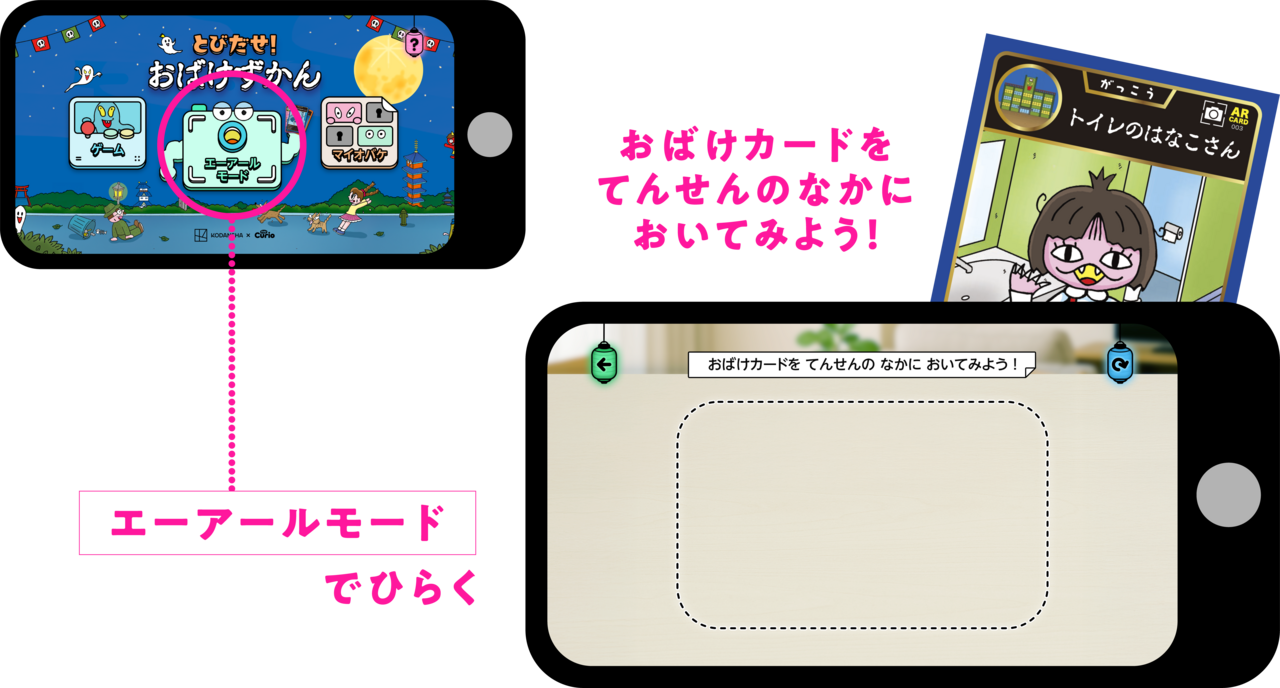 エーアールモードでひらく。おばけカードをてんせんのなかにおいてみよう。