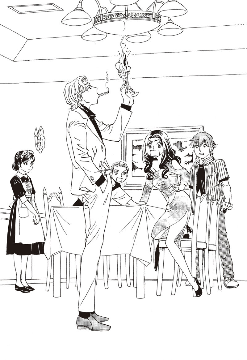 挿絵『都会のトム＆ソーヤ２２　ナイト列車で行こう！』（作：はやみねかおる、絵：にしけいこ）より、宝くじを燃やす神宮司直人。