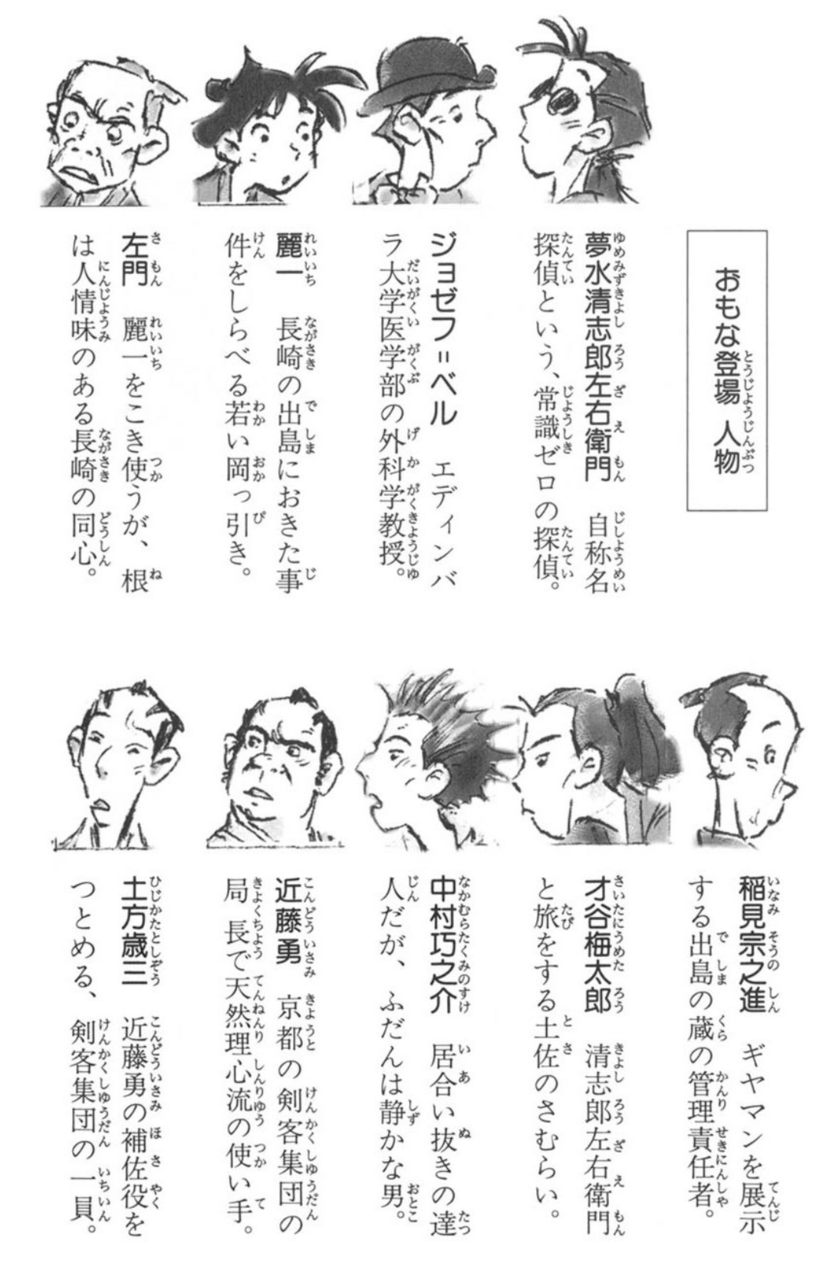 登場人物一覧。『ギヤマン壺の謎　名探偵夢水清志郎事件ノート外伝　大江戸編　上巻』著：はやみね かおる、 絵：村田 四郎