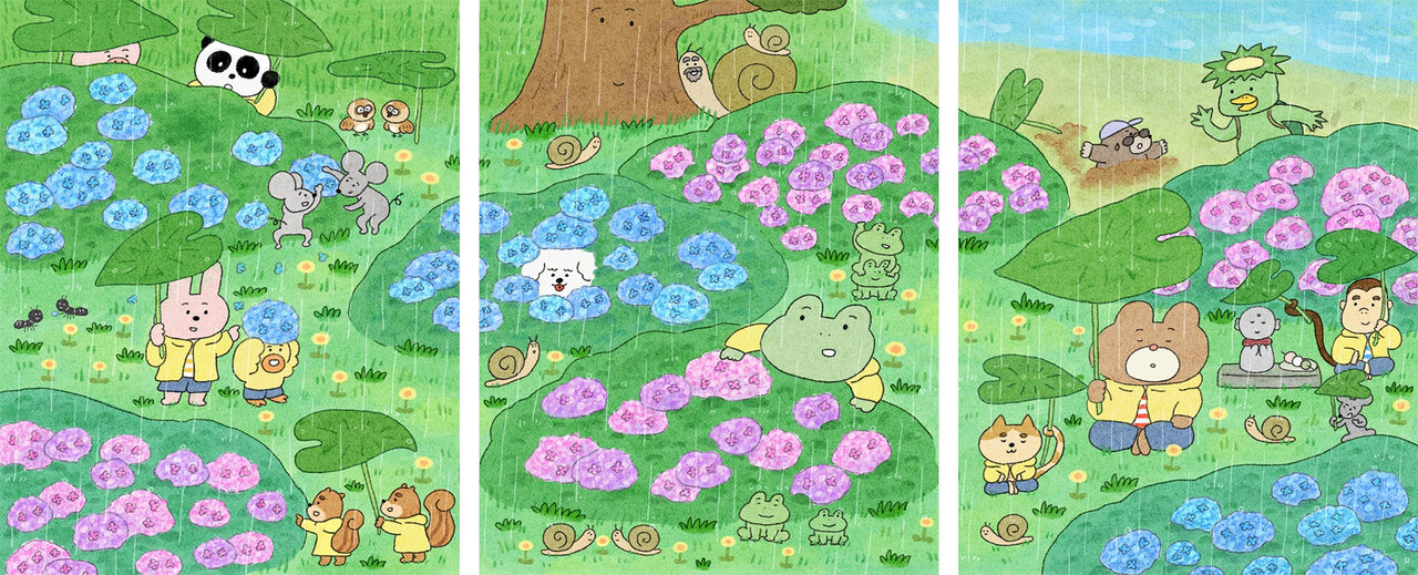 カエルさんとくまさん　紫陽花イラスト