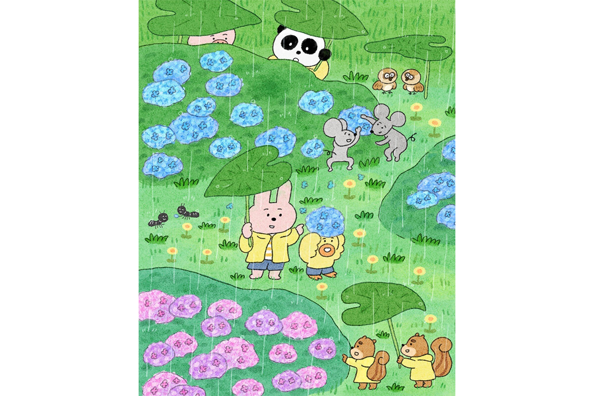 カエルさんとくまさん　紫陽花イラスト