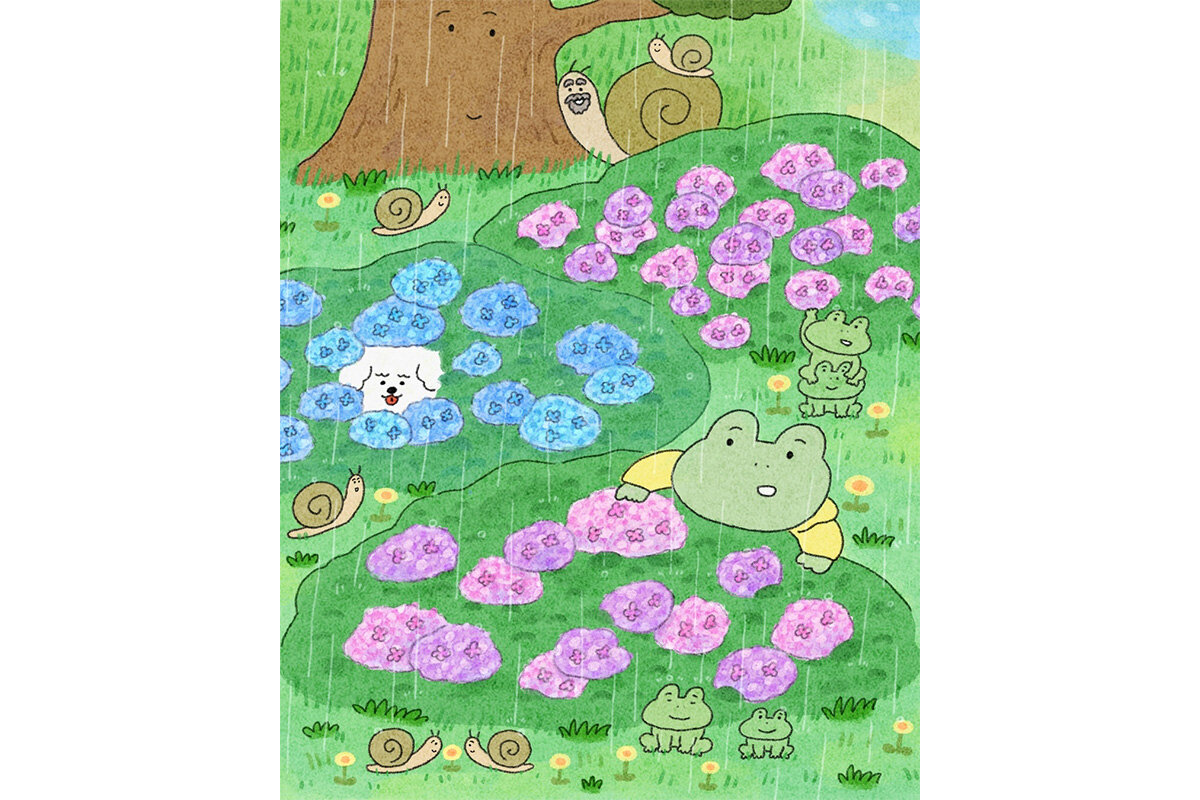 カエルさんとくまさん　紫陽花イラスト