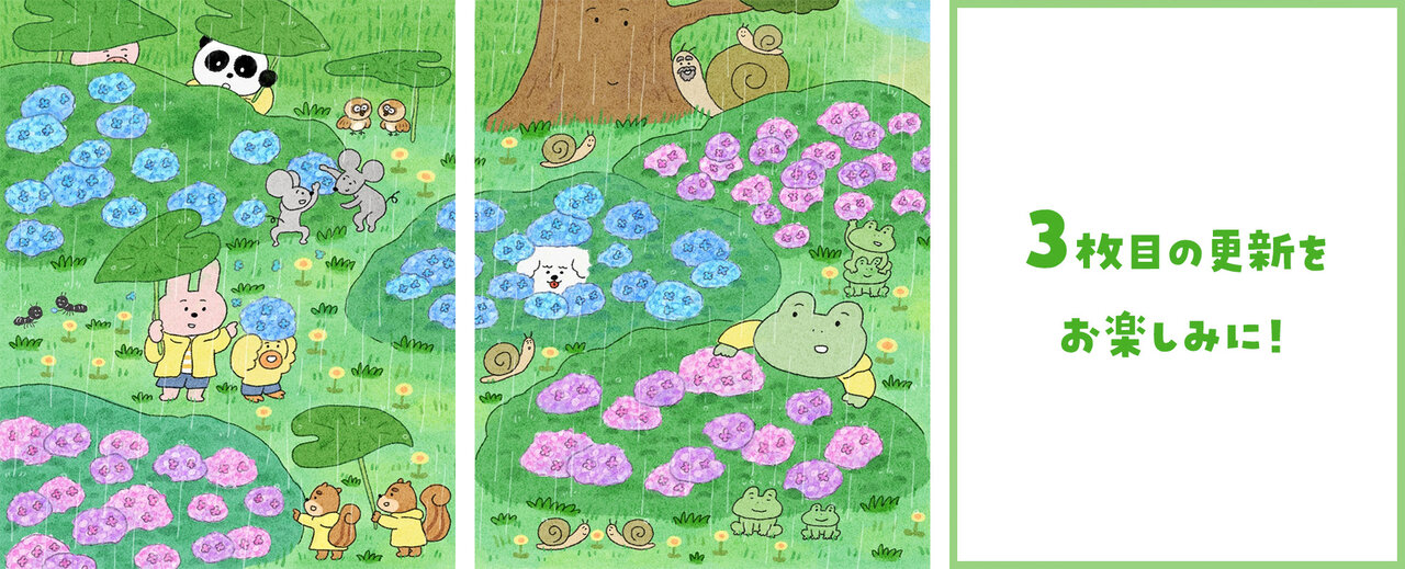 カエルさんとくまさん　紫陽花イラスト