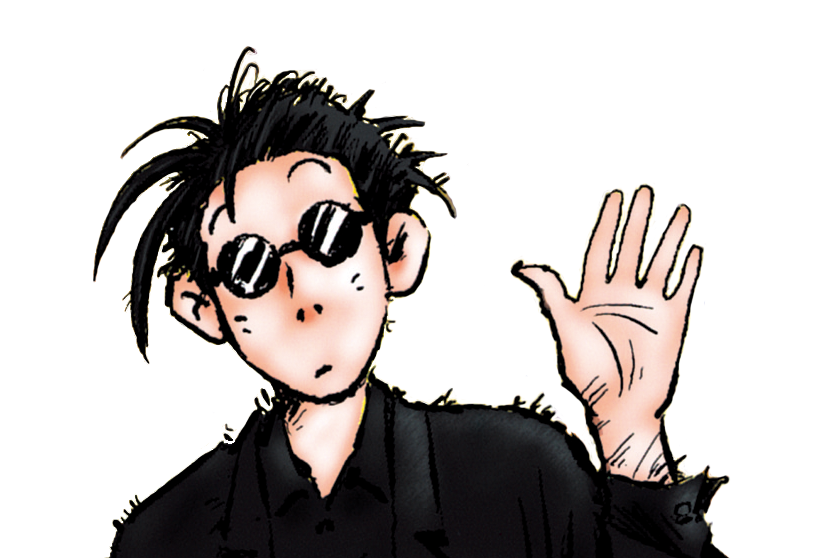 夢水清志郎。とても背が高く、いつも黒いサングラスに黒い背広という出で立ち。　イラスト：村田四郎