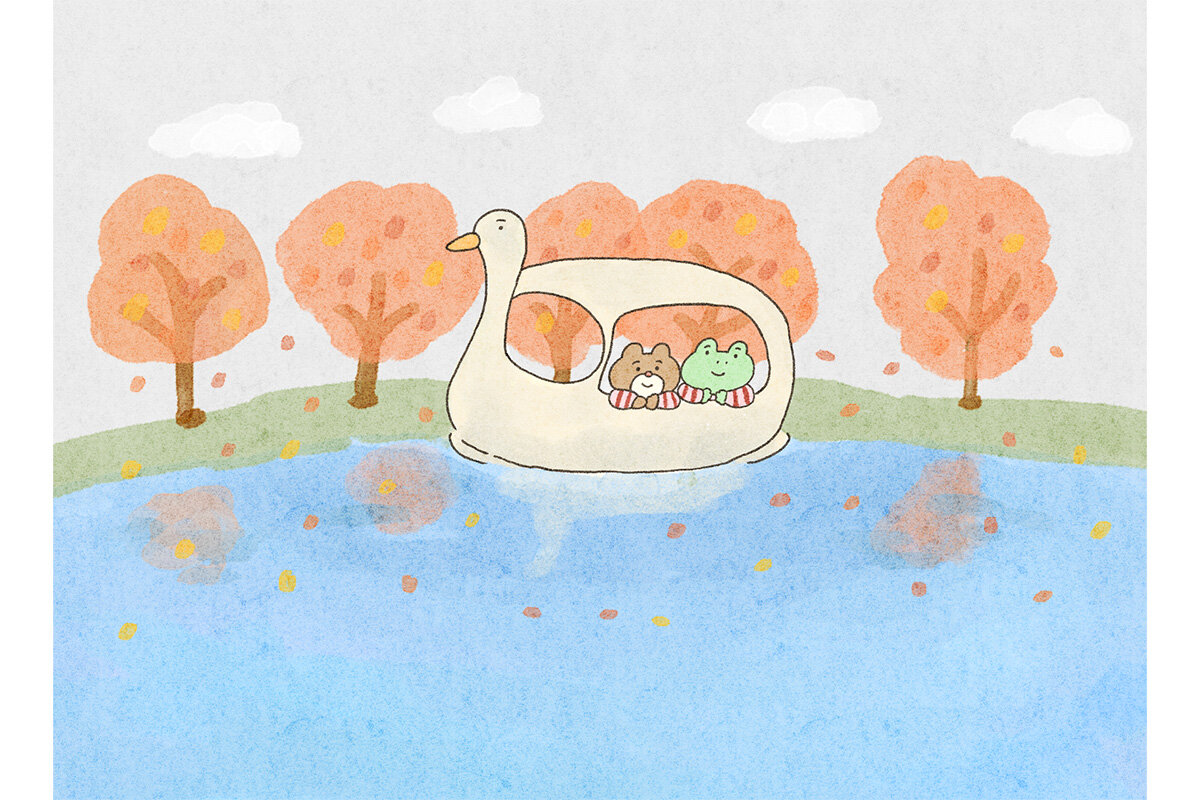 カエルさんとくまさん　「秋の湖畔」イラスト