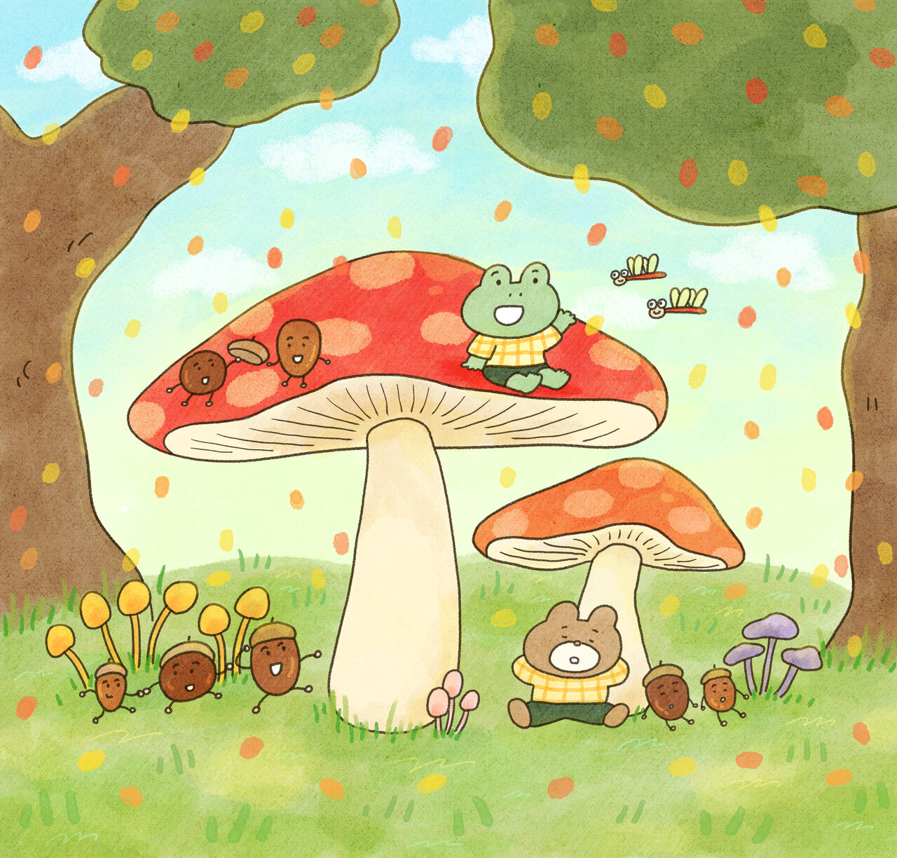 カエルさんとくまさん　「秋真っ盛り」イラスト